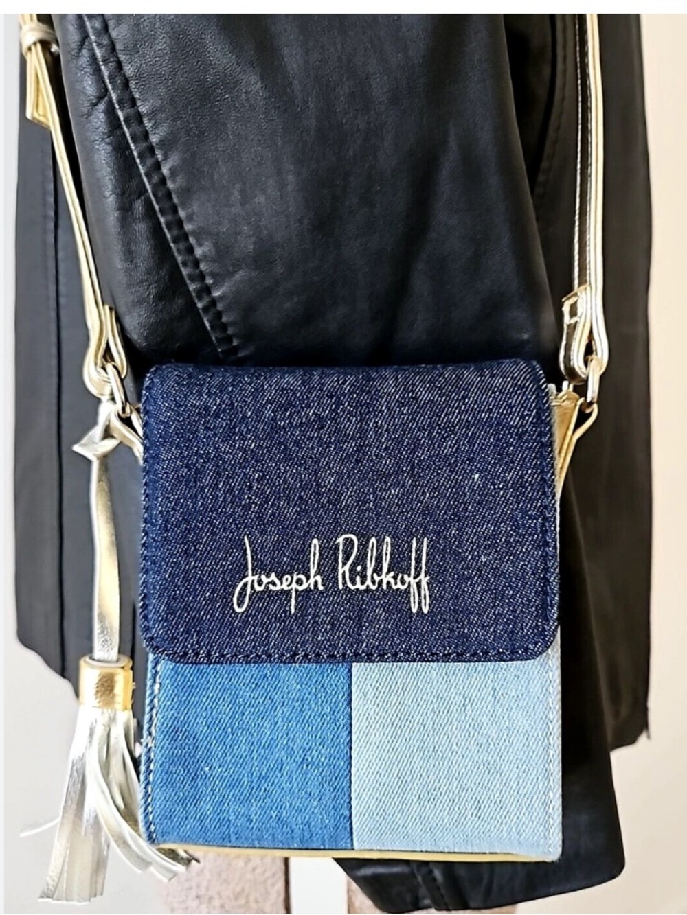New Joseph Ribkoff Mini Crossbody Bag Denim Gold 5.5x6 Glam Metallic